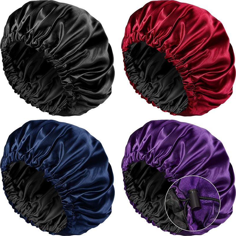 Photo 1 of {Flower Prints} 4 Pieces Satin Sleep Cap for Women Adjustable Satin Bonnet Large Sleep Bonnet Hair Bonnet Cap for Sleeping for Natural, Long and Curly Hair NEW 