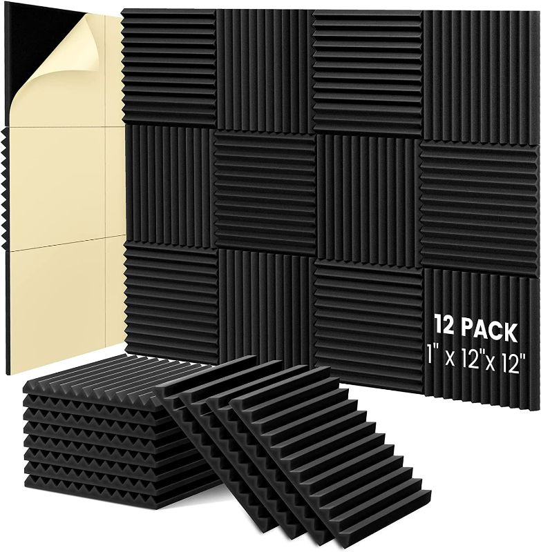 Photo 3 of 12 Pack Self-Adhesive Acoustic Panels, 3" X 12" X 12" Quick-Recovery Sound Proof Foam Panels, Acoustic Foam Wedges, Studio Wall Panels, Black NEW 