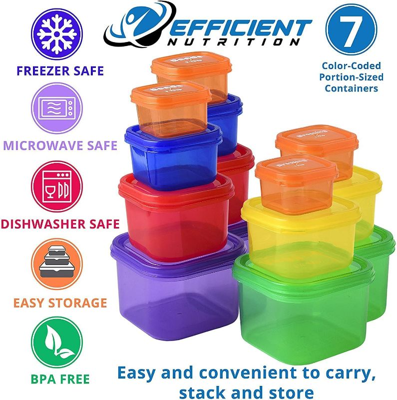 Photo 1 of Portion Control Containers DELUXE Kit (14-Piece) with COMPLETE GUIDE + 21 DAY PLANNER + RECIPE eBOOK by Efficient Nutrition - BPA FREE Color Coded Meal Prep System for Diet and Weight Loss New 