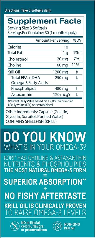 Photo 3 of Kori Krill Oil Omega-3 400mg, 90 Softgels | Multi-Benefit Omega-3 Supplement | Superior Omega-3 Absorption vs Fish Oil and No Fishy Burps NEW 
