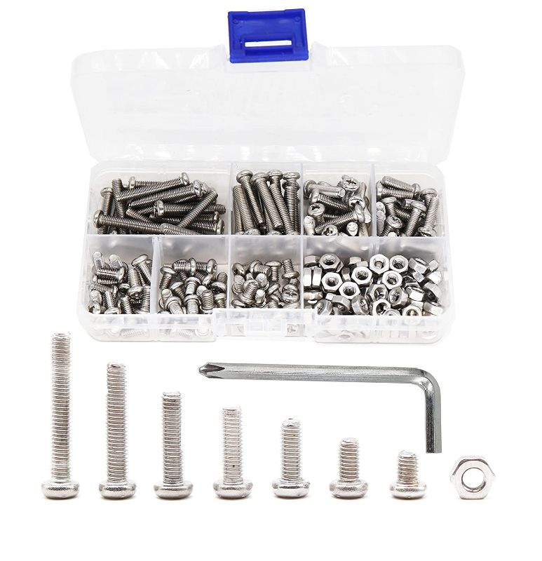 Photo 1 of binifiMux 360pcs M3 x 4mm / 6mm / 8mm / 10mm / 12mm / 16mm /20mm Pan Head Phillips Machine Screws and M3 Hex Nuts Assortment Kit For Toys RC Models 3D Printers,304 Stainless Steel / A2-70,Plain Finish New 