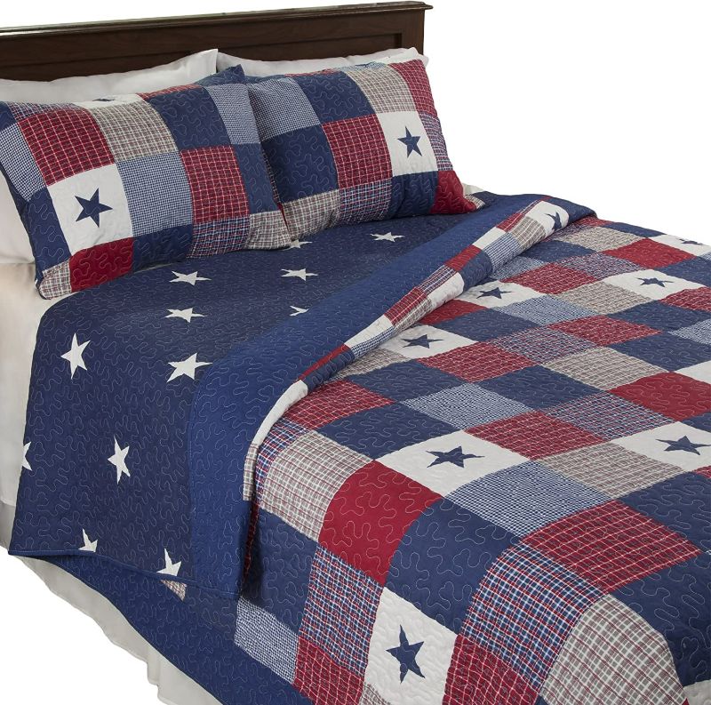 Photo 2 of Lavish Home 3-PC Caroline Patriotic Quilt Microfiber Americana Stars and Plaid Patchwork Blanket Set with 2 Shams – Home Bedding by LHC (Full/Queen), Multicolor NEW 