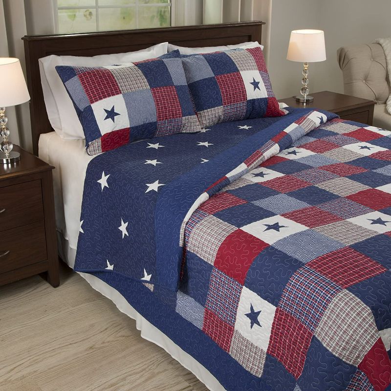 Photo 1 of Lavish Home 3-PC Caroline Patriotic Quilt Microfiber Americana Stars and Plaid Patchwork Blanket Set with 2 Shams – Home Bedding by LHC (Full/Queen), Multicolor NEW 