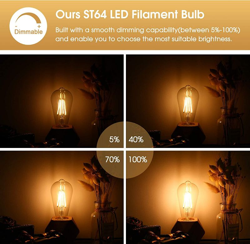 Photo 3 of Dimmable Vintage LED Edison Bulbs, 8W, Equivalent 60W, 800 Lumens, 90+ CRI,Warm White 2700K, ST64 Antique LED Filament Bulbs, Eye Protection LED Bulb, E26 Medium Base, Clear Glass, 2 Pack NEW 