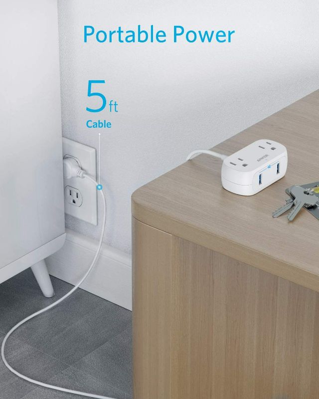Photo 4 of Anker Power Strip with USB Power Extend USB 2 mini, 2 Outlets, and 2 USB Ports, Flat Plug, 5 ft Extension Cord, Safety System for Travel, Desk, and Home Office NEW 
