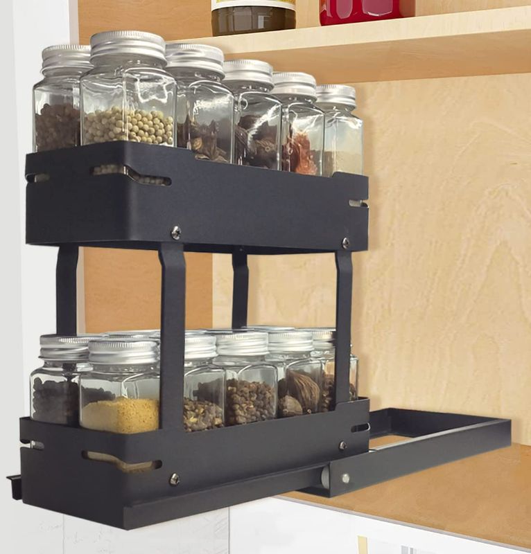 Photo 1 of 2-Tier Pull Out Spice Rack Organizer for Cabinet, Slide Out Seasoning Storage Shelf Holder with Non-Slip Mat for Kitchen Pantries Cupboards, Matte Black 16-1/2" NEW 