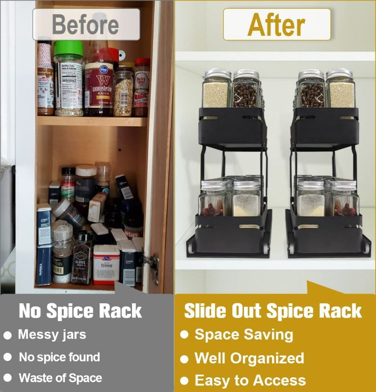 Photo 2 of 2-Tier Pull Out Spice Rack Organizer for Cabinet, Slide Out Seasoning Storage Shelf Holder with Non-Slip Mat for Kitchen Pantries Cupboards, Matte Black 16-1/2" NEW 