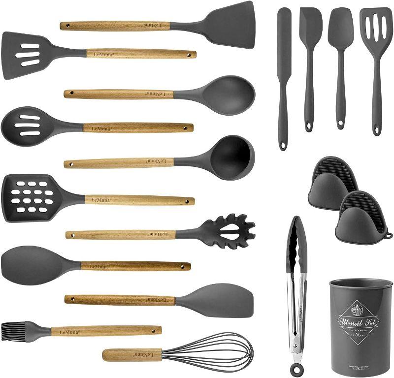 Photo 2 of 18pcs Silicone Kitchen Utensils Set, Kitchen Cooking Utensils Set with Holder, Wooden Handle Silicone Utensils Set, Heat Resistant, BPA Free, Non Toxic, Gray NEW 