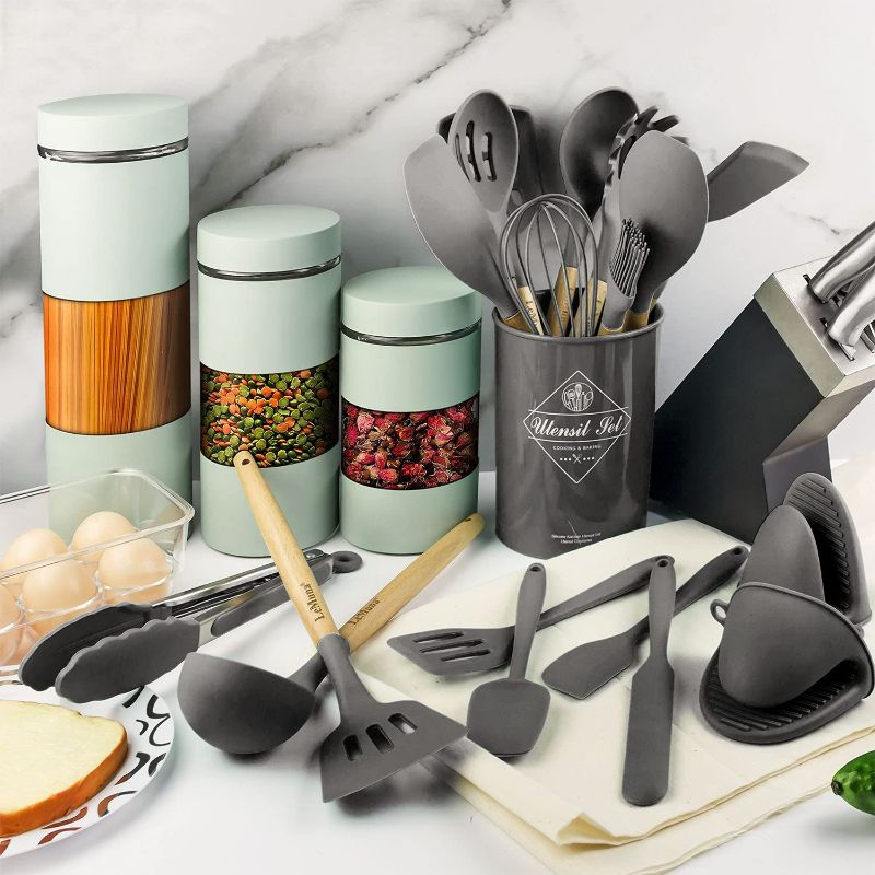 Photo 1 of 18pcs Silicone Kitchen Utensils Set, Kitchen Cooking Utensils Set with Holder, Wooden Handle Silicone Utensils Set, Heat Resistant, BPA Free, Non Toxic, Gray NEW 