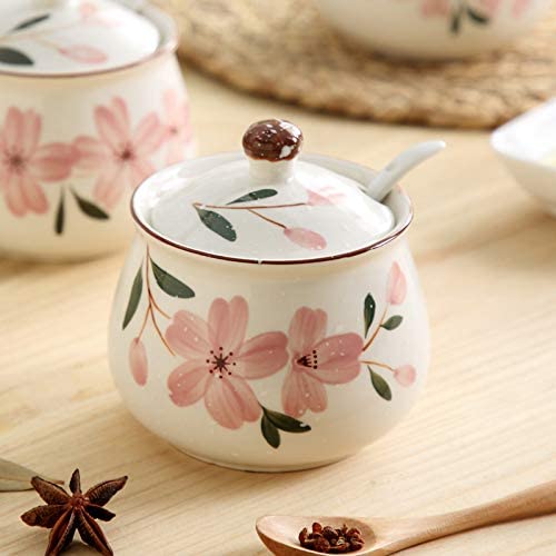 Photo 3 of Ceramic Japanese Hand Painted Flower Sugar Bowl Seasoning Jar with Lid Spoon NEW 
