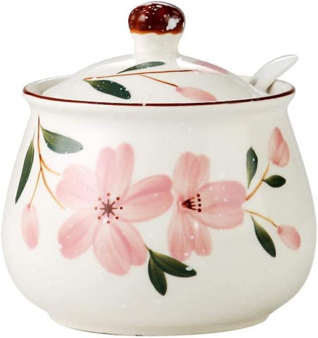 Photo 1 of Ceramic Japanese Hand Painted Flower Sugar Bowl Seasoning Jar with Lid Spoon NEW 
