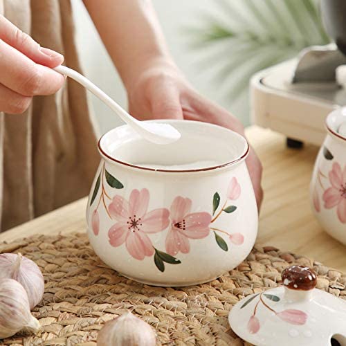 Photo 2 of Ceramic Japanese Hand Painted Flower Sugar Bowl Seasoning Jar with Lid Spoon NEW 