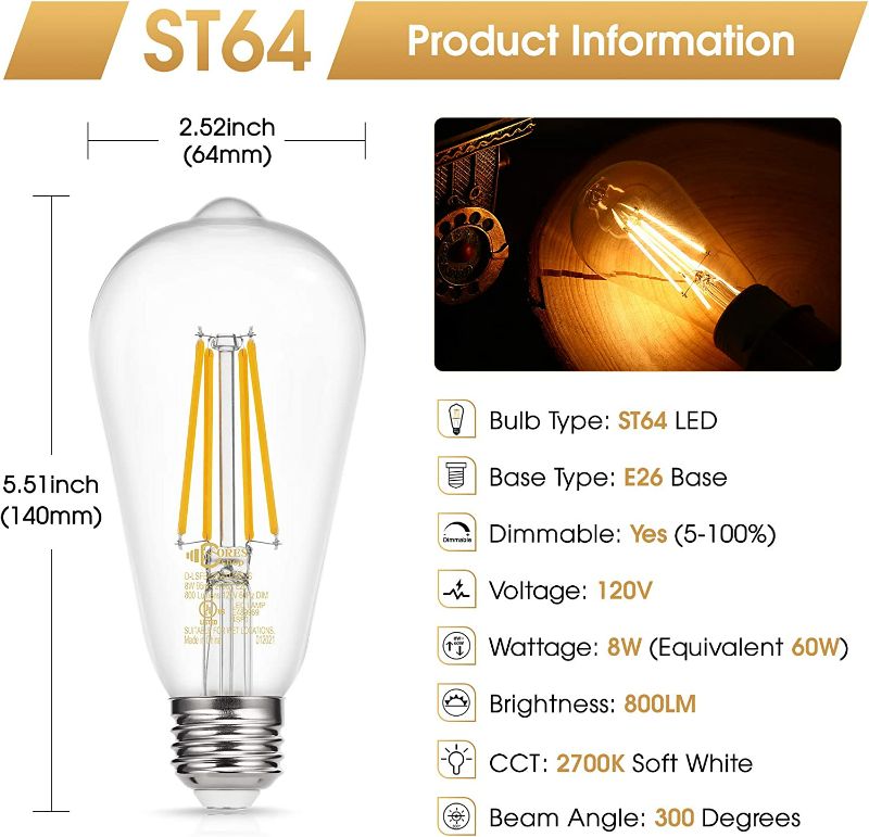 Photo 2 of Dimmable Vintage LED Edison Bulbs, 8W, Equivalent 60W, 800 Lumens, 90+ CRI,Warm White 2700K, ST64 Antique LED Filament Bulbs, Eye Protection LED Bulb, E26 Medium Base, Clear Glass, 2 Pack  NEW 