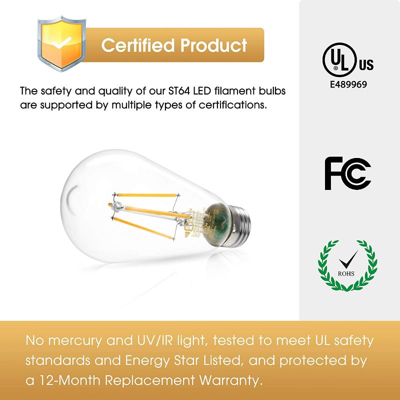 Photo 3 of Dimmable Vintage LED Edison Bulbs, 8W, Equivalent 60W, 800 Lumens, 90+ CRI,Warm White 2700K, ST64 Antique LED Filament Bulbs, Eye Protection LED Bulb, E26 Medium Base, Clear Glass, 2 Pack  NEW 