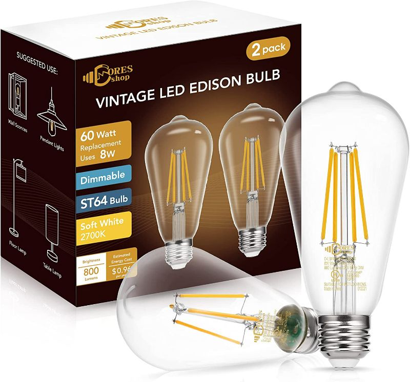 Photo 1 of Dimmable Vintage LED Edison Bulbs, 8W, Equivalent 60W, 800 Lumens, 90+ CRI,Warm White 2700K, ST64 Antique LED Filament Bulbs, Eye Protection LED Bulb, E26 Medium Base, Clear Glass, 2 Pack  NEW 