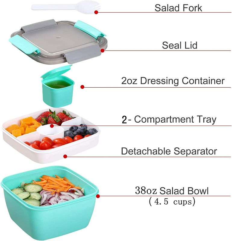 Photo 2 of Portable Salad Lunch Container - 38 Oz Salad Bowl - 2 Compartments with Dressing Cup, Large Bento Boxes, Meal Prep to go Containers for Food Fruit Snack NEW