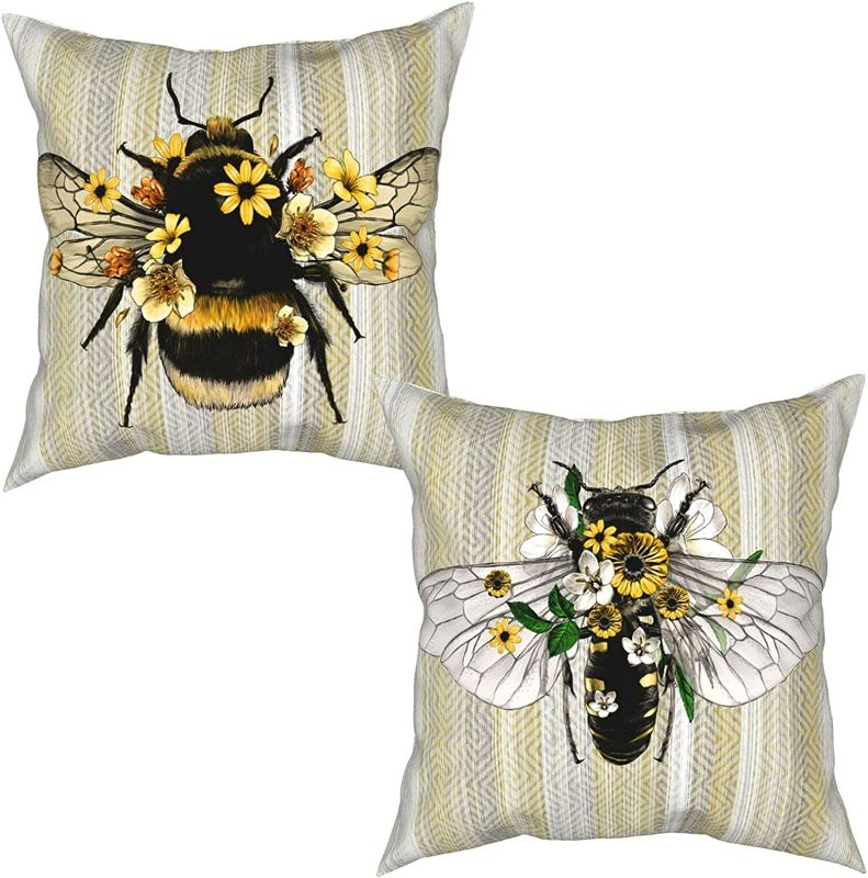 Photo 1 of Flying Bee Pillow Covers 18x18 Set of 2 Abstract Tribal Fabric Texture Throw Pillow Covers Square Yellow Pillow Covers Home Decor Leaves and Flowers Farmhouse Throw Pillow Covers for Bed Sofa NEW 