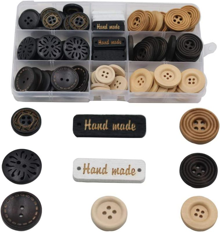 Photo 1 of 100 Pack Assorted Wood Wooden Buttons Black Brown Beige 4 Hole Mixed Sewing Art DIY Craft Supplies Kits with Box NEW 