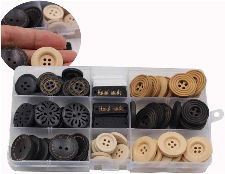 Photo 2 of 100 Pack Assorted Wood Wooden Buttons Black Brown Beige 4 Hole Mixed Sewing Art DIY Craft Supplies Kits with Box NEW 