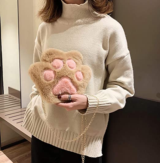 Photo 3 of RARITYUS Cute Cat Paw Shape Shoulder Bag Purse Fluffy Plush Crossbody Handbag Clutch with Chain Strap for Women Girls NEW 