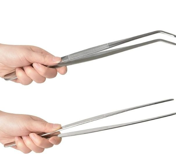 Photo 1 of 2 Pcs 12 Inch Long Handle Stainless Steel Straight and Curved Tweezers Nippers, Set with Serrated Tips Comfortable Ridged Handle for Garden, Kitchen, Indoors and Outdoors NEW 