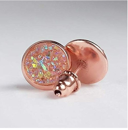 Photo 3 of 8mm Pink Opal on Rose Gold - Druzy Stud Earrings - Hypoallergenic Posts