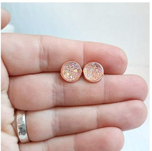 Photo 2 of 8mm Pink Opal on Rose Gold - Druzy Stud Earrings - Hypoallergenic Posts