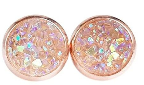 Photo 1 of 8mm Pink Opal on Rose Gold - Druzy Stud Earrings - Hypoallergenic Posts