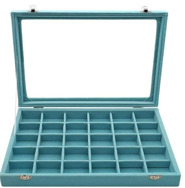 Photo 1 of Sky Piea 30 Grid Velvet Glass Jewelry Box Jewellery Organiser Earring Ring Storage Holder Case Box (Sky Blue) NEW (Broken Glass)