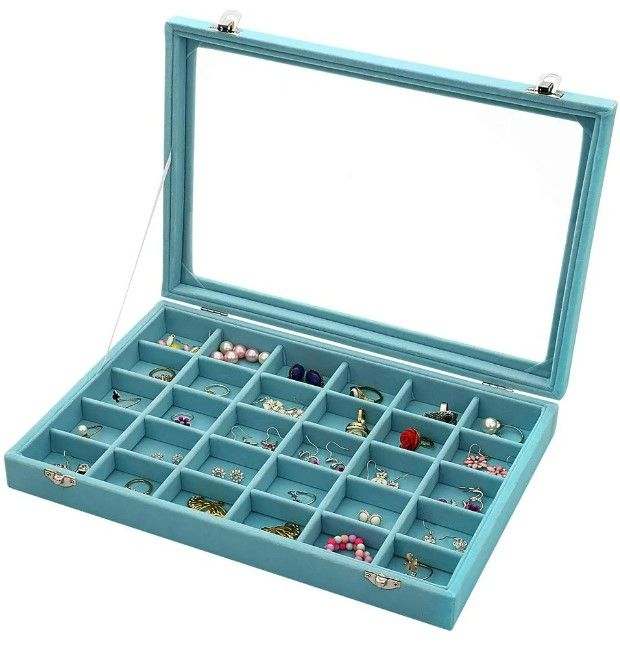 Photo 2 of Sky Piea 30 Grid Velvet Glass Jewelry Box Jewellery Organiser Earring Ring Storage Holder Case Box (Sky Blue) NEW (Broken Glass)