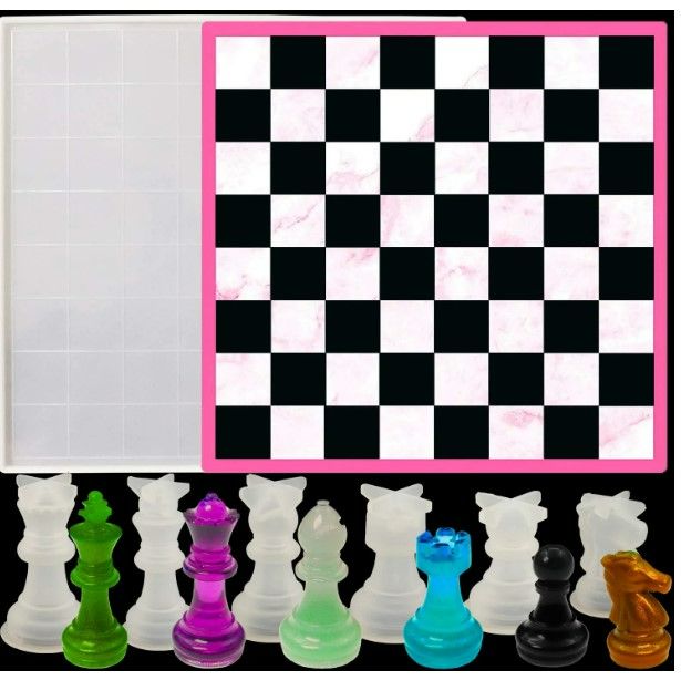 Photo 1 of Chess Board Resin Mold Set, 1 Pcs Large Checker Board Epoxy Casting Mold with 6 Pcs 3D Chess Pieces Silicone Molds for DIY Art Crafts Jewelry Making, Family Board Games NEW 