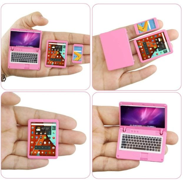 Photo 2 of ZITA ELEMENT 3 Pack Dollhouse Mini Laptop Computer Tablet and Phone Simulation Accessories for Doll 1/6 1/12 Miniatures Play Set (Pink NEW 