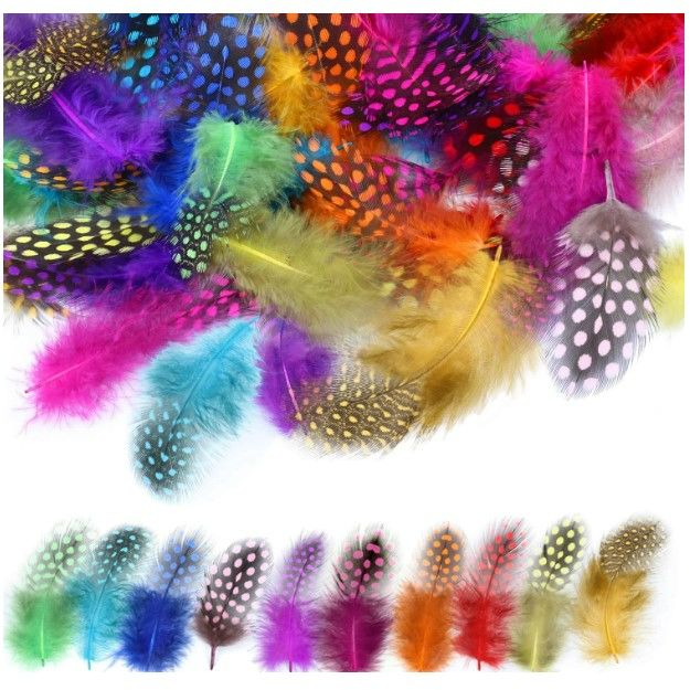 Photo 1 of 120pcs Colorful Spotted Feathers for Crafts, MWOOT (2-5.1 inches) Natural Chicken Feather for DIY Clothing Jewelry Wedding Birthday Party Cards Decoration