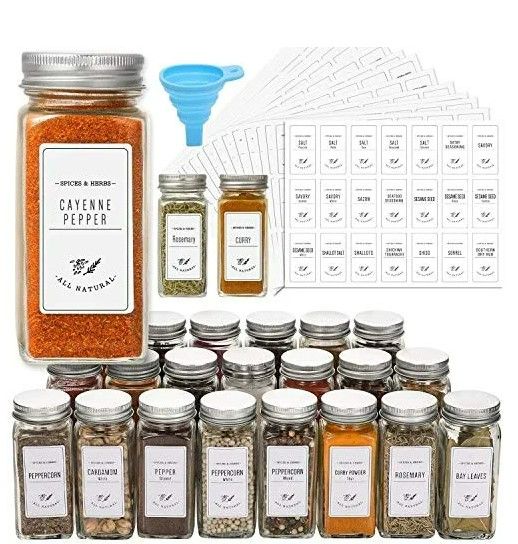 Photo 1 of  24 Pcs Glass Spice Jars with White Printed Spice Labels - Empty Square Spice Bottles - Shaker Lids and Airtight Metal Caps 