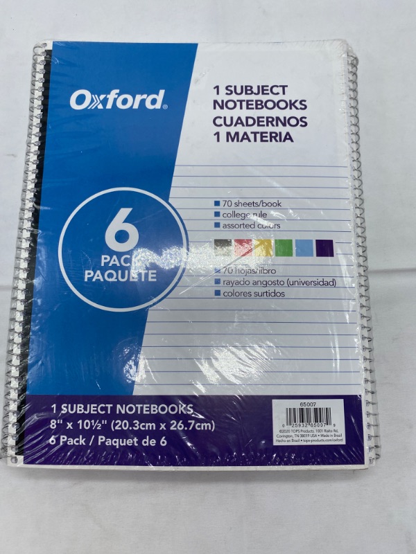 Photo 2 of Oxford Spiral Notebook 6 Pack, 1 Subject, College Ruled Paper, 8 x 10-1/2 Inch, Color Assortment May Vary (65007) NEW 