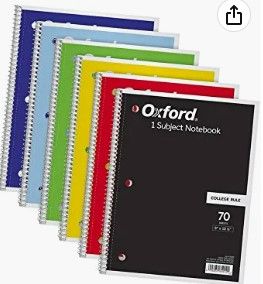 Photo 1 of Oxford Spiral Notebook 6 Pack, 1 Subject, College Ruled Paper, 8 x 10-1/2 Inch, Color Assortment May Vary (65007) NEW 