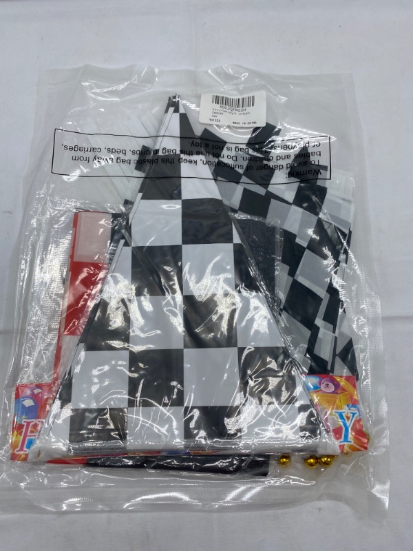 Photo 3 of Racing Car Party Decorations Supplies 6.6 x 2 Ft Long Racetrack Floor Running Mat, 6.6 Feet Checkered Racing Pennant Banner, 10 Pcs Checked Race Flags with Stick for Birthday Race Car Party Decors New
