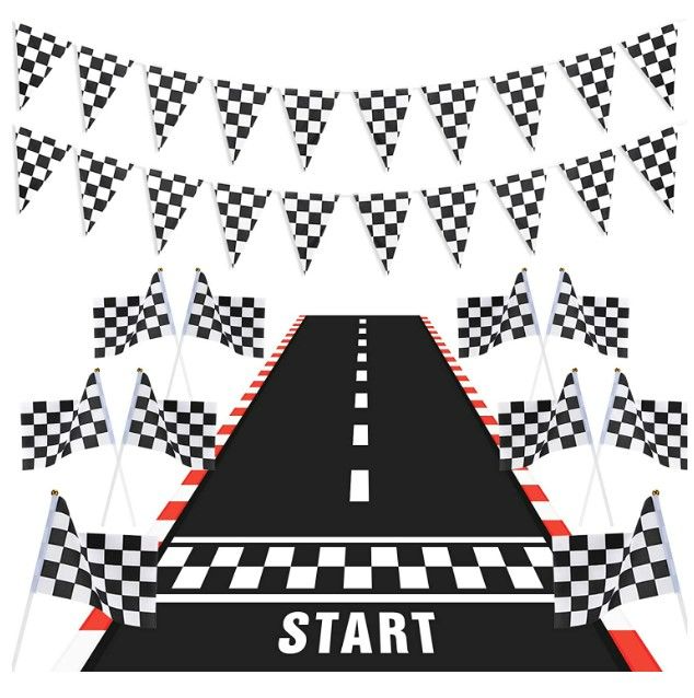 Photo 1 of Racing Car Party Decorations Supplies 6.6 x 2 Ft Long Racetrack Floor Running Mat, 6.6 Feet Checkered Racing Pennant Banner, 10 Pcs Checked Race Flags with Stick for Birthday Race Car Party Decors New