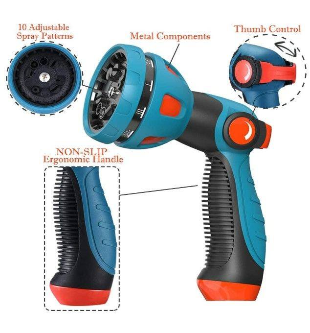 Photo 1 of Garden Hose Nozzle - 10 Adjustable Patterns Metal High Pressure Hose Nozzle, Garden Hose Spray Nozzle with Thumb Control Design, Hose Sprayer for Garden & Lawns Watering, Cleaning, Pets & Car Washing
