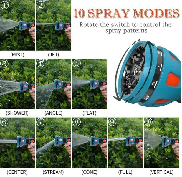 Photo 2 of Garden Hose Nozzle - 10 Adjustable Patterns Metal High Pressure Hose Nozzle, Garden Hose Spray Nozzle with Thumb Control Design, Hose Sprayer for Garden & Lawns Watering, Cleaning, Pets & Car Washing