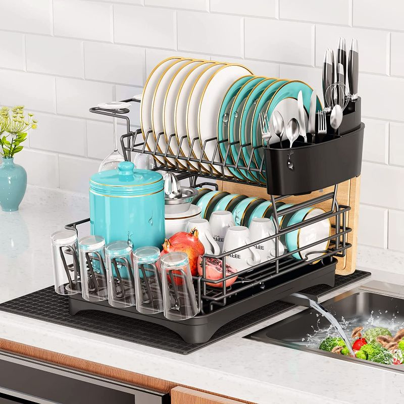 Photo 1 of HOWDIA Upgrade Dish Drying Rack with Drying Mat, Large Dish Rack and Drainboard Set with Utensil Holder, Cutting Board Holder,Cup Rack for Kitchen Counter NEW 