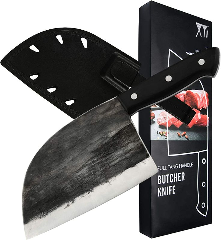Photo 1 of XYJ Ancient Handmade Forged Butcher Knife Full Tang Chef Knife with Plastic Sleeves Meat Cleaver For Kitchen&Camping NEW 