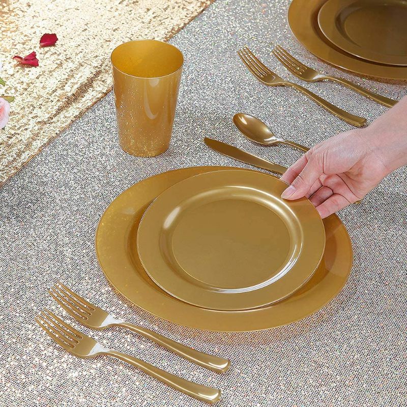 Photo 2 of I00000 180 Pieces Gold Plastic Plates, Premium Heavyweight Gold Disposable Silverware Include: 36 Dinner Plates 10.25", 36 Dessert Plates 7.5", 36 Forks, 36 Knives and 36 Spoons NEW 