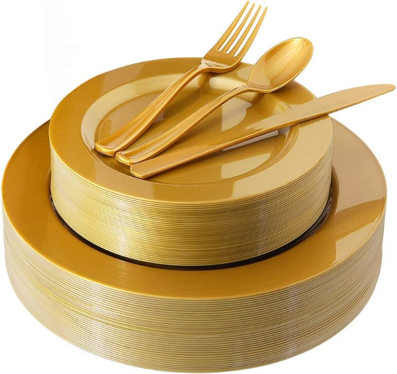 Photo 1 of I00000 180 Pieces Gold Plastic Plates, Premium Heavyweight Gold Disposable Silverware Include: 36 Dinner Plates 10.25", 36 Dessert Plates 7.5", 36 Forks, 36 Knives and 36 Spoons NEW 