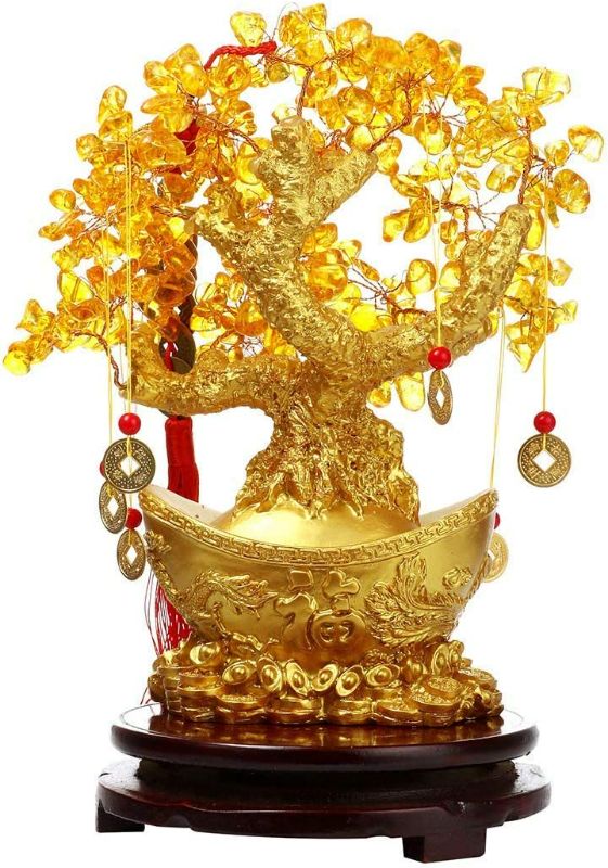 Photo 1 of Feng Shui Money Tree Crystal Yellow Quartz Lucky Tree Golden Ingot Bottom with Rotating Sandalwood Base Chinese Copper Coin String Decoration for Wealth/Fortune and Luck NEW 