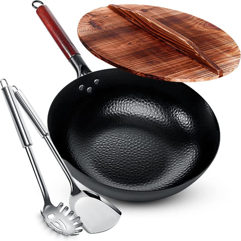 Photo 1 of Homeries Wok Pan - 12.8" Woks and Stir Fry Pans, Carbon Steel Wok with Wooden Handle and Lid and 2 Spatulas - Non-Stick Flat Bottom Wok Frying Pan Suitable for Electric, Induction, and Gas Stoves NEW 