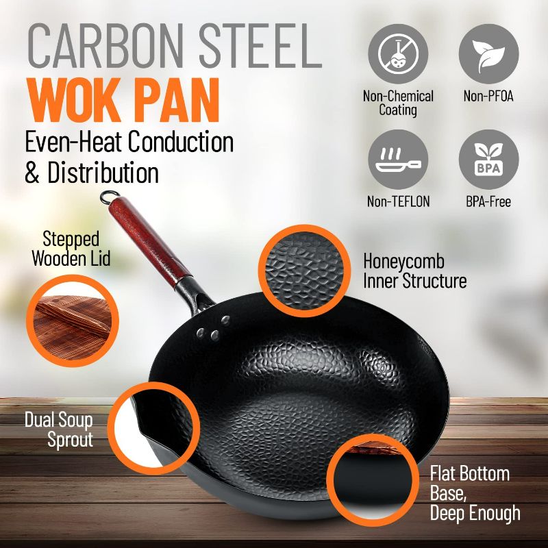 Photo 3 of Homeries Wok Pan - 12.8" Woks and Stir Fry Pans, Carbon Steel Wok with Wooden Handle and Lid and 2 Spatulas - Non-Stick Flat Bottom Wok Frying Pan Suitable for Electric, Induction, and Gas Stoves NEW 