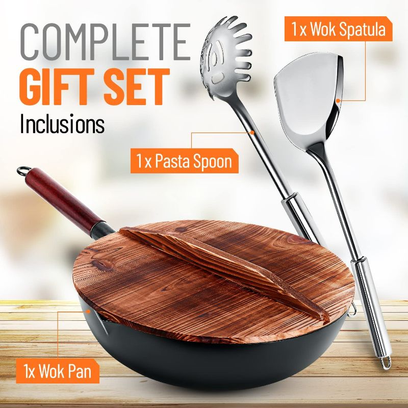 Photo 2 of Homeries Wok Pan - 12.8" Woks and Stir Fry Pans, Carbon Steel Wok with Wooden Handle and Lid and 2 Spatulas - Non-Stick Flat Bottom Wok Frying Pan Suitable for Electric, Induction, and Gas Stoves NEW 