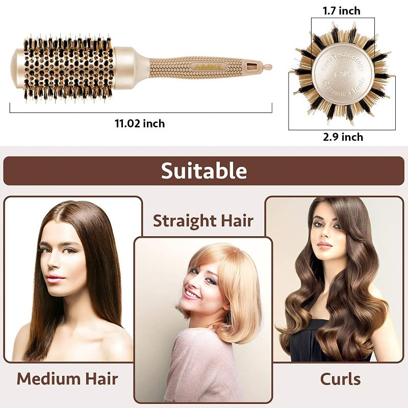 Photo 3 of AIMIKE Round Brush for Women Blow Drying, Nano Thermal Ceramic & Ionic Tech Hair Brush, Medium Round Barrel Brush with Boar Bristles, Professional Roller Brush for Styling and Blowout Volume, 1.7 Inch NEW 