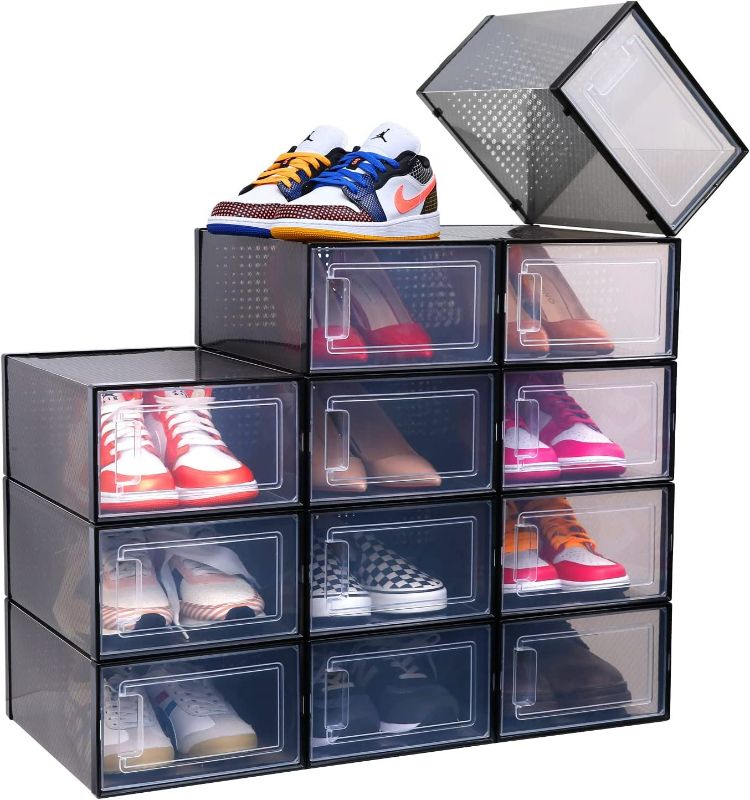 Photo 1 of Shoe Storage Boxes,2 Pack Shoe Organizer High Quanlity Stackable Sneaker Case Clear Plastic Shoe Containers Display Bins Cube Foldable Drawer Type Front Opening for Closets and Entryway Fit  NEW 